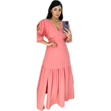 Vestido Manga 3/4 Longo Moda Evangélica Elegante Plus Size