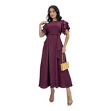 Vestido Midi Laco Manga Bufante Princesa Casual Elegante