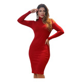 Vestido Midi Manga Longa Inverno Canelado Do P Ao Gg 
