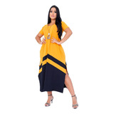 Vestido Midi Saruel Plus Size Manga Com Bolsos Fenda Lateral