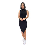 Vestido Midi Tubinho Canelado Liso Gola Alta Fenda Lateral