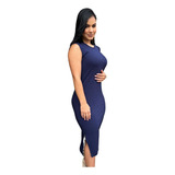 Vestido Midi Tubinho Canelado Regata Com Fenda Lateral