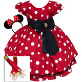 Vestido Minnie Vermelha Festa Infantil Luxo Poá Tiara Brinde