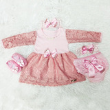 Vestido Para Bebê Manga Longa Renda Baby Kit 5 Pçs Luxo