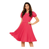 Vestido Plissado Lisa Midi Rodado Com Cinto