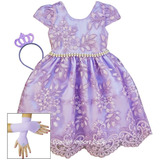 Vestido Princesa Sofia Festa Infantil Lilas Com Luva Coroa