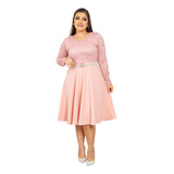 Vestido Rodado Midi Godê Manga Longa Moda Evangélica + Cinto