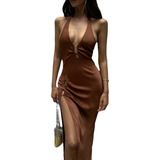 Vestido Sexy Hollow Halter Com Decote Em V Profundo Sem Mang