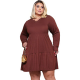 Vestido Solto Plus Size Curtinho Manga Longa Decote Cavado