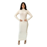 Vestido Trico Canelado Longo Manga Longa Feminino