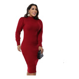 Vestido Tricô Lady Midi Manga Longa Fashion Tata Modas