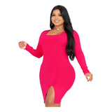 Vestido Tubinho Canelado Manga Comprida Fenda Lateral