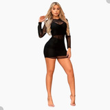 Vestido Tule Transparente Manga Longa Preto A Pronta Entrega