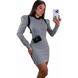Vestido Xadrez Manga Longa Tubinho Jacquard Outono Inverno