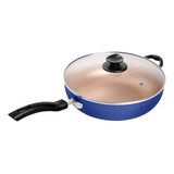 Wok Antiaderente Tampa De Vidro Grande 30cm Tvt - Patolux Cor Azul/creme