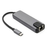 Adaptador Conversor Lan Rj45 5 Em 1 Tipo C X Usb 3.0 4k Hdmi Cor Cinza