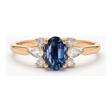 Anel De Safira Oval Azul Natural Em Ouro 18k Diamantes