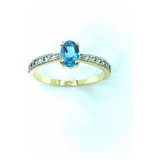 Anel Solitário Topazio Azul Natural E Diamantes Ouro 18k 