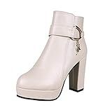 Aniywn Botas Chelsea Femininas De Salto Alto Grosso, Plataforma Com Zíper, Couro Sintético, Bico Redondo, Cano Baixo, Outono E Inverno, Branco, 6-6.5