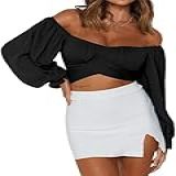Avanova Blusa Cropped Feminina De Manga Comprida Com Babados E Ombro De Fora, Amarrada Nas Costas, Blusinhas Femininas, Preto, P