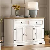 Balcão Buffet De Madeira Maciça Com 3 Portas E 2 Gavetas - 80,6 Alt X 132 Larg X 43 Prof - Móveis Para Casa, Acabamento Em Cera E Laca Branca, Madeira Pinus Elliottis - Furniture Dash