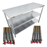 Bancada Inox Rodinhas 180x60 Mesa Com Rodizio 2 Prateleiras