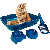Banheiro Caixa De Areia Para Gato Kit Com Comedouro Bebedouro E Pá Higiênica Cor Azul