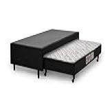 Base Cama Box De Casal Preta Com Colchão Espuma D28 E Cama Auxiliar Acoplado Com Rodízios Rodinhas   138x188x52