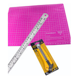 Base De Corte A4 30x22cm Estilete Grande Régua Aço 30 Cm Cor Rosa