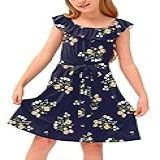 Besserbay Vestido Midi Floral Com Babados E Ombros De Fora Com Decote Elástico Para Meninas De 3 A 14 Anos, Azul-marinho | Floral, 8 Anos