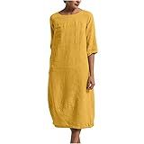 Bfafen Vestido Feminino De Linho, Gola Redonda, Meia Manga, Vestido Midi Casual, Cor Lisa, Verão, Praia, Férias, Vestidos Casuais Femininos Amarelos, 5g