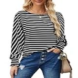 Bluetime Blusa Feminina De Manga Comprida E Gola Redonda Casual Solta Básica, Preto Listrado, P