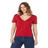 Blusa Básica Feminina Em Algodão Com Decote V Vermelho Exg