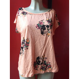 Blusa Bata Algodão Laranja Estampa Caveira + Flores - Tam G