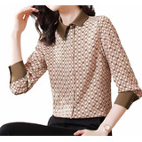 Blusa Camisa Feminina Social Elegante Print Coffee Lapela 