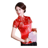 Blusa Chinesa Com Estampa Dragão E Fênix - Vermelha