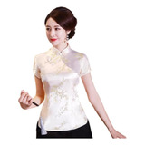 Blusa Chinesa Com Estampa Flor De Cerejeira - Branca