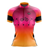 Blusa Ciclismo Feminina Bike Coração Laranja Com Bolso Uv+50