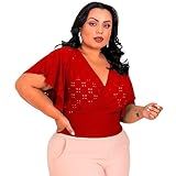 Blusa Cropped Plus Size Feminina Laise Canelado Transpassada Manga Flare Boca Sino Lese Leise Canelada Grande Verao G2 G1 Gg (laise, Vermelho)