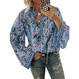 Blusa Feminina Boho Com Estampa Floral E Manga Comprida E Gola V, Azul, P