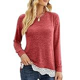 Blusa Feminina De Manga Comprida, Casual, Gola Redonda, Túnica Com Acabamento Em Renda, Elegante, Confortável, Lavável à Máquina, Vermelho, M