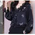 Blusa Feminina Elegante Cetim Manga Longa Black Borboletas