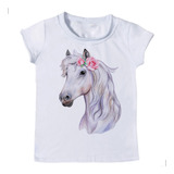 Blusa Feminina Infantil Cavalo Rosas Branco Country Tshirt