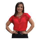 Blusa Feminina Manga Curta Evangélica Renda Pedras Linda Top