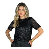 Blusa Feminina Paetê Manga Curta Soltinha T-shirt Brilho
