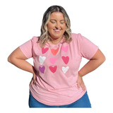 Blusa Feminina Plus Size Rosa Coração Tshirt Algodão