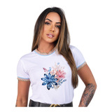 Blusa Feminina T-shirt De Luxo Com Elástico Coleção Aquarela