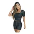 Blusa Feminina Tipo Cropped Cirre Couro Fake Manga Bufante