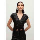 Blusa Iódice Decote V Manga Curta Com Franzido Preto