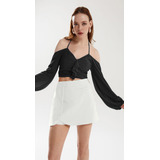 Blusa Iódice Frente Única Manga Longa Com Babado Preto